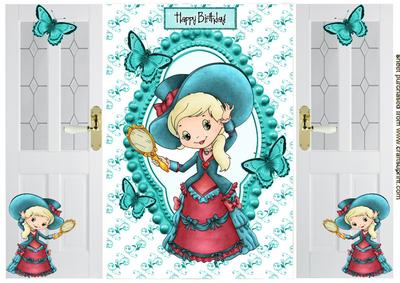 Cute Little Vintage Lady with Blue Butterflies, Gatefold