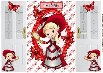Cute Little Vintage Girl with Red Butterflies, Gatefold