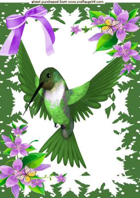 Beautiful Green Humming Bird with Flowers a 4 Topper