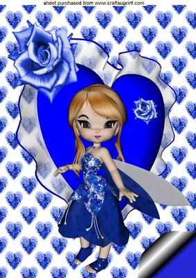 Little Blue Faerie on Blue Cushion Heart, A4 Topper