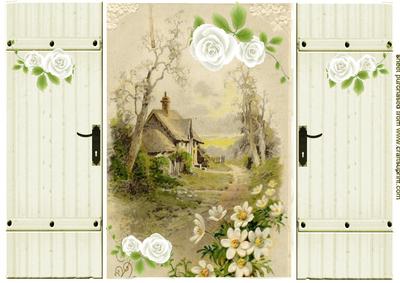 Pretty Country Cottage with White Flowers , Gatefold