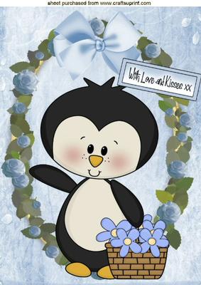 Little Penguin Carrying a Basket of Flowers A4 Topper
