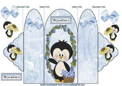 Little Penguin Carrying Basket of Flowers, Tri Fold Card