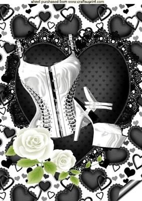 Sexy White Basque on Black Lace Heart, A4 Topper