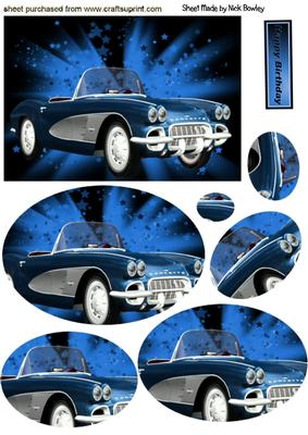 Blue Sports Car on Abstract Star Background, Oval Pyramids