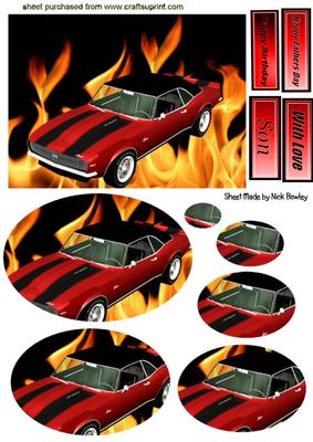Red Sports Car on Flames Background, Oval Pyramids
