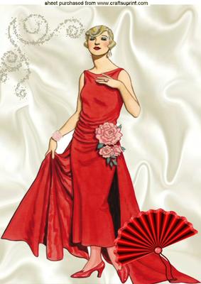 Elegant Lady in Red Dress with Fan, A4 Topper