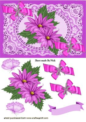 Pink Flowers and Pink Bows, in Lace Frame