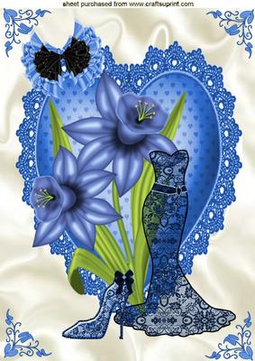 Blue Lace Dress , with Blue Daffodils on Heart, A4 Topper