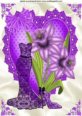 Purple Lace Dress, with Purple Daffodil, Heart, A4 Topper