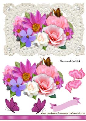 Pink Shades of Spring Flowers on Ecru Lace