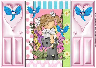Little Girl with Puppy and Cute Butterflies, Gatefold
