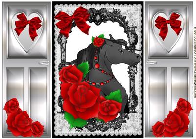 Pretty Horses Head with Red Roses, Gatefold