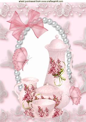 Pretty Pink Teaset, with Butterflies, A4 Topper