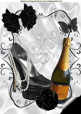 Ladies Shoe with Champagne, & Black Rose, A4 Topper