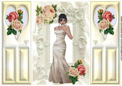 Elegant Lady in White Gown with Corner Roses, Gatefold