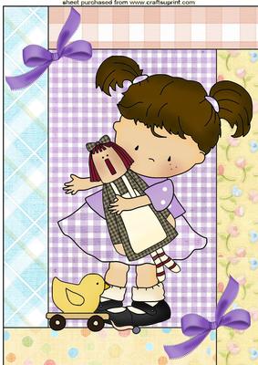 Little Girl with Rag Doll in Patchwork Frame, A4 Topper