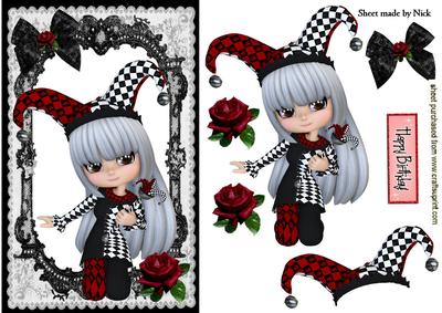 Little Cute Jester Girl in Black Lace Frame