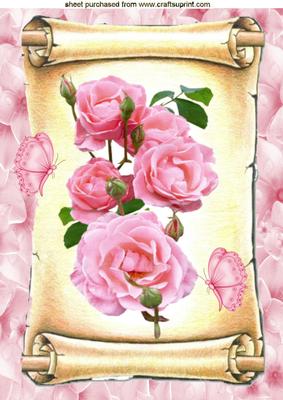 Pink Roses on a Scroll with Butterflies A4 Topper