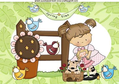 Spring Time is Here, Little Girl with Puppy & Birds, A4 Topp