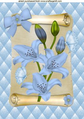 Pale Blue Lillies on a Scroll , A4 Topper
