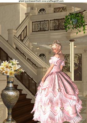 Beautiful Lady in Pink Gown on Staircase, A4 Topper