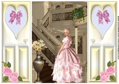 Beautiful Lady in Pink Gown on a Staircase, Gatefold