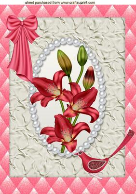 Red Lily with Little Bird in Pearl Frame, A4 Topper