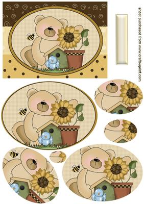Teddy with Sunflower, & Blue Bird, Oval Pyramids