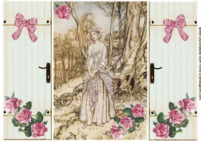 Pretty Vintage Lady in the Woodland with Roses, Gatefold