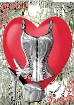 Gorgeous Silver Basque & Shoe, on Red Heart, A4 Topper