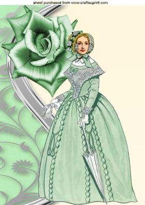 Pretty Victorian Lady in Green, with Rose, A4