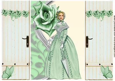 Pretty Victorian Lady in Green, with Rose, Gatefold
