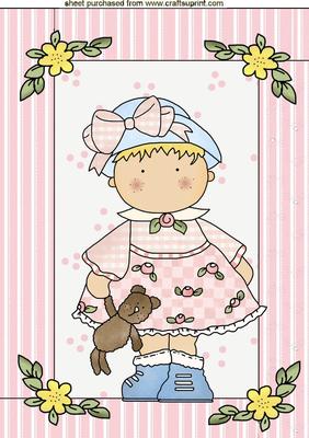 Toddler in Flowered Hat Holding Teddy, A4 Topper