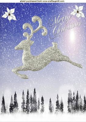 Silver Reindeer Flying Over a Snowy Woodland A4