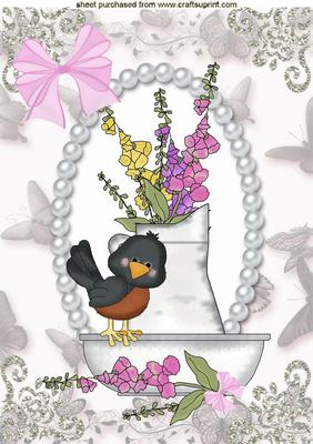 Little Bird with Flowered Vase, in Butterfly Pearl Frame, A4