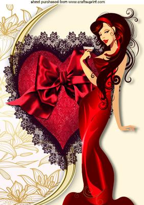 Lady in Red, with Red & Black Lace Heart, A4