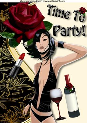 Party Time! Lady with Wine & Red Rose, A4