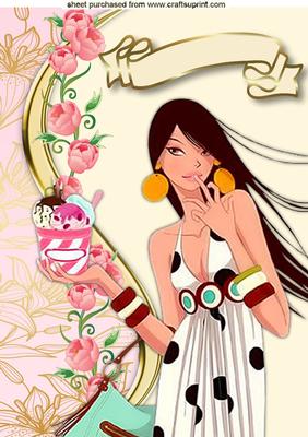 Ice Cream Sundae, with Lady & Pink Roses A4