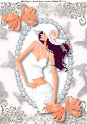 Pretty Lady in White Hat in Butterfly & Pearl Frame A4