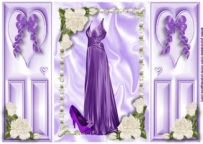 Beautiful Purple Satin Gown & Shoes in Pearl Frame, Gatefold