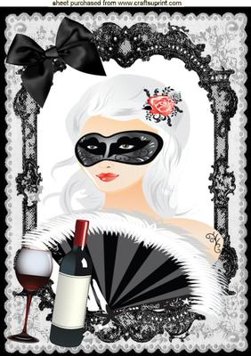Party Girl with Fan & Red Wine, in Lace Frame A4