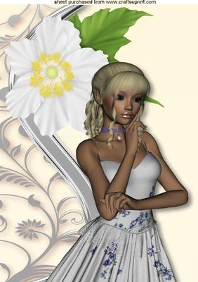 Pretty Lady with Big White Flower A4
