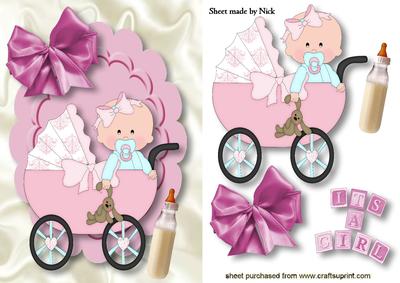 Baby Girl in a Pram on Scalloped Frame