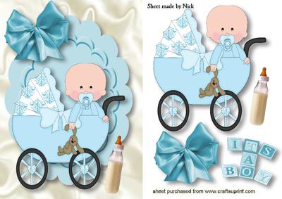 Baby Boy in a Pram, on Scalloped Frame