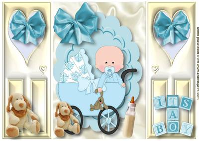 Baby Boy in a Pram on Scalloped Frame, Gatefold