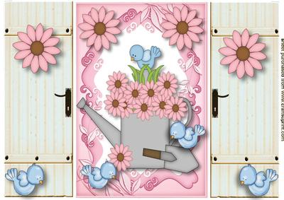 Cute Little Bluebirds with Flowered Watering Can Gatefold