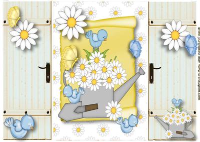 Little Bluebird with Daisies in a Watering Can Gatefold