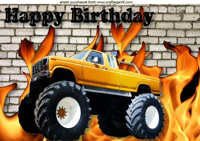 Monster Yellow Truck with Flames and Brick Wall A4