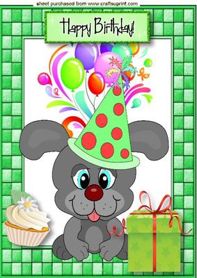 Cute Little Puppy with Green Present & Balloons A4